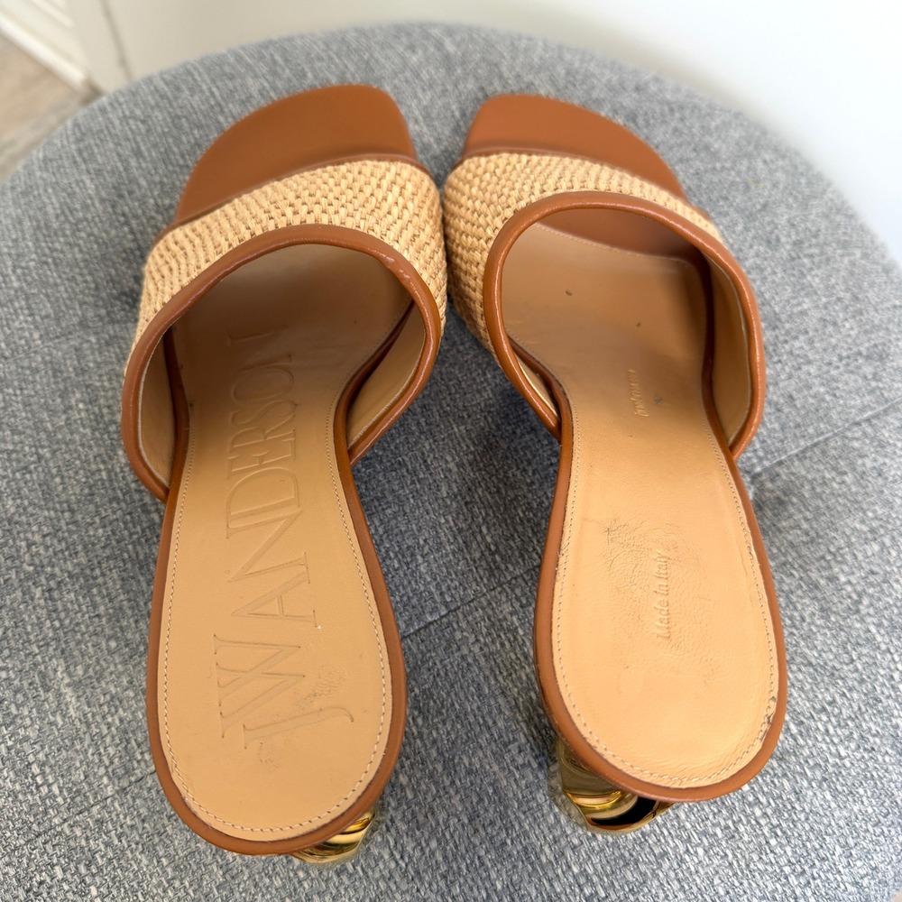 JW Anderson Tan Raffia Chain Link Heel Mules Square Toe Sandals IT 40 US 9/9.5 - Picture 7 of 11